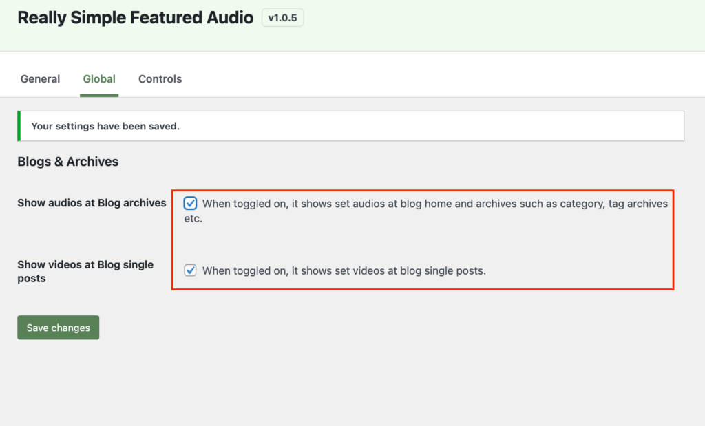 Global settings of really simple featured audio in WordPress Dashboard